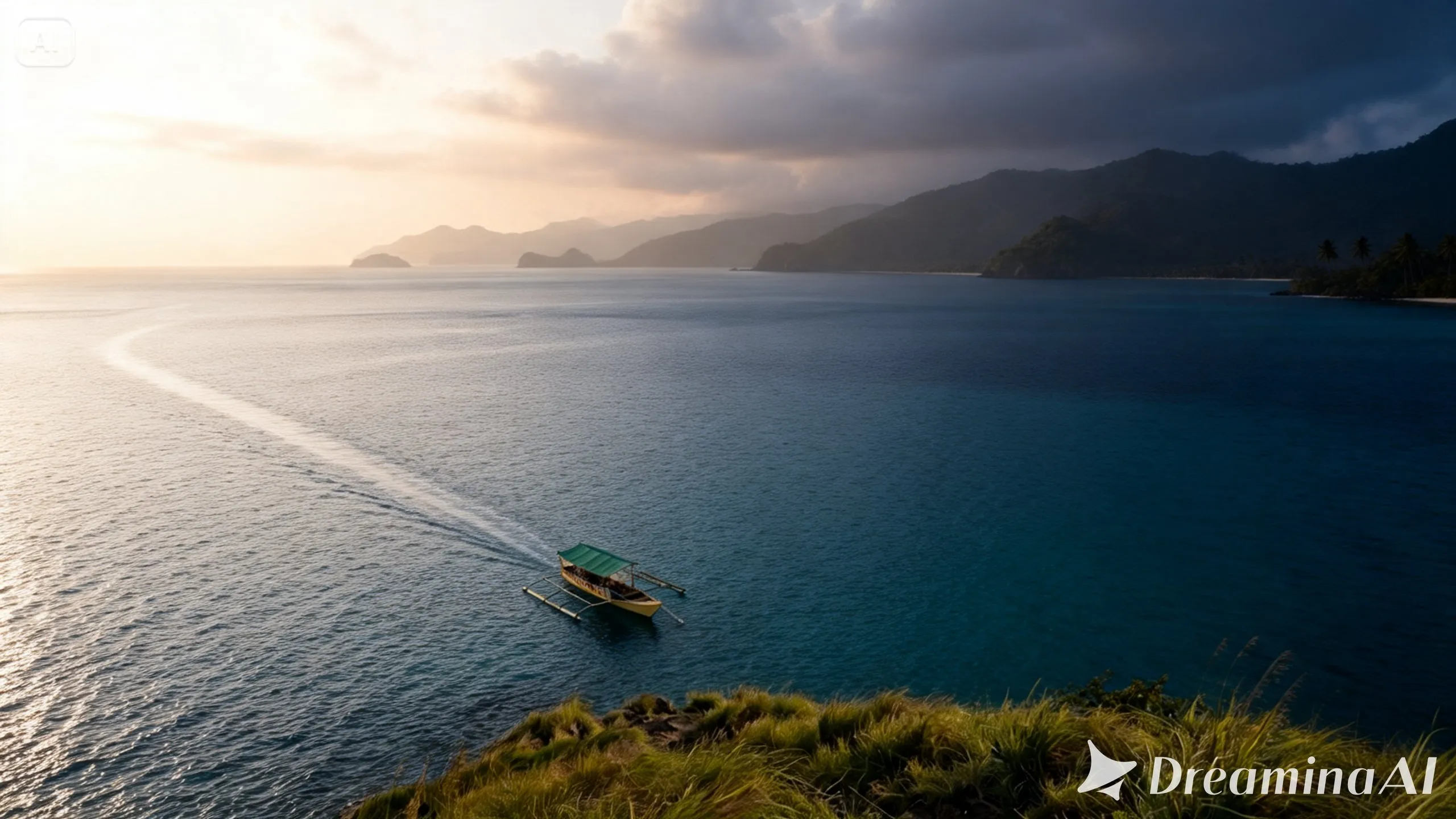 Traditional Philippine bangka travelling across the open sea near Bataan